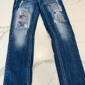Grace In LA Women's Blue Patchwork Jeans